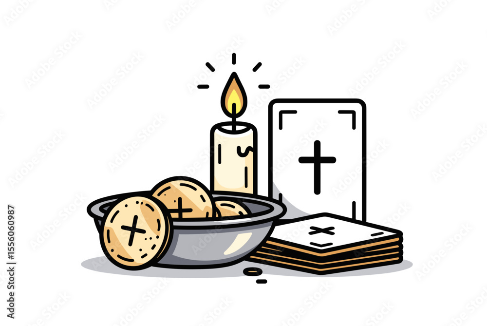 Obraz premium Illustration of Christian Religious Symbols: Candle, Bible, and Communion Bread for Faith and Spirituality