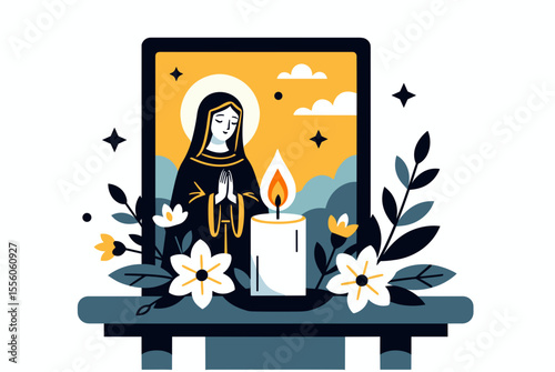 Vector Illustration of the Virgin Mary with Candle and Flowers, a Religious and Spiritual Icon