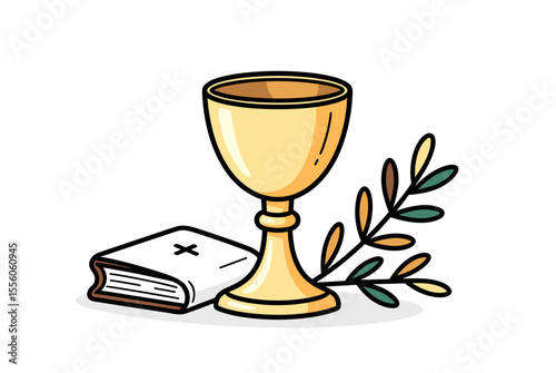 Elegant Golden Chalice with Holy Bible and Olive Branch Illustration for Religious Ceremony
