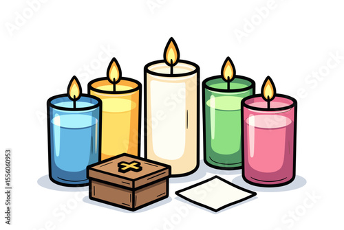 Colorful Cartoon Candles with Flames and a Small Gift Box Illustration on White Background