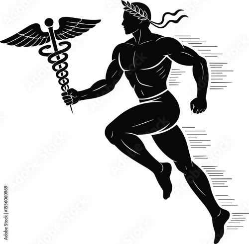 Greek god Hermes silhouette, mythological messenger running fast, holding caduceus staff, ancient mythology vector art, speed god illustration