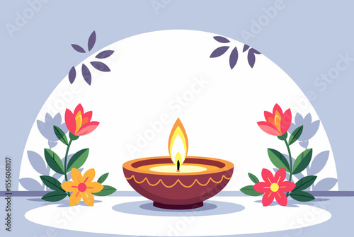 Elegant Diwali Diya Oil Lamp with Floral Decoration and Soft Lighting Illustration for Festive Celebrations