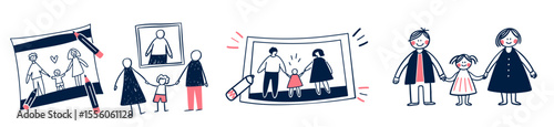 Set of drawings depicting family moments with colored pencils concept  