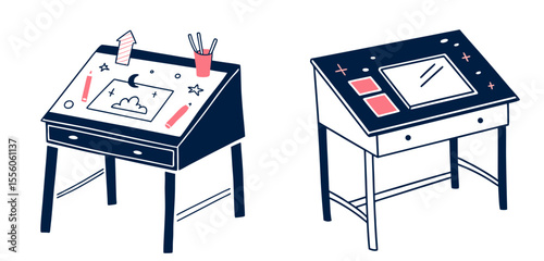 Set of drawing desks in colorful design resembling child's art  