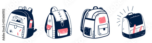 Set of school backpacks with different designs and colors  