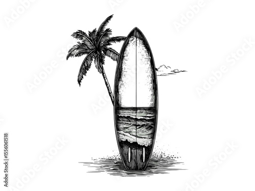 Vintage surfboard with wave engraving, beach sports sketch, tropical hand-drawn motif, old engraving style, seasonal summer vacation decor, trendy nautical illustration, retro ocean theme