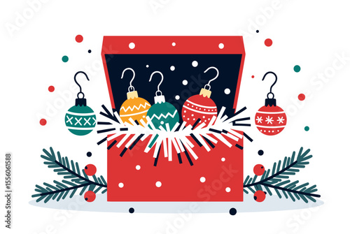 Festive Christmas Ornament Collection in a Red Box with Holiday Decorations Illustration