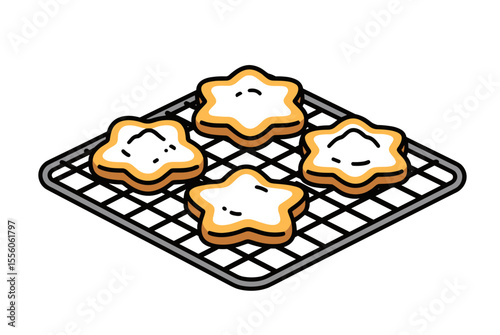Star-Shaped Cookies with White Frosting on a Wire Rack, Simple Cartoon Illustration
