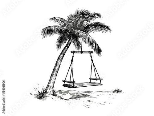 Palm tree summer swing engraving, vintage beach decor, trendy tropical motif in black sketch, old engraving style, hand-drawn art, coastal lifestyle illustration, island vacation wall art