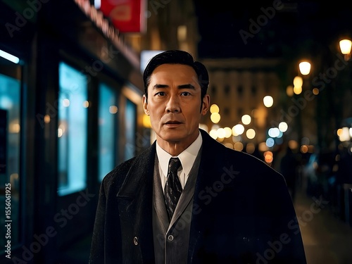 A mature asian businessman in a suit and overcoat walking confidently down a city street at night, surrounded by the warm glow of streetlights and vibrant shop windows