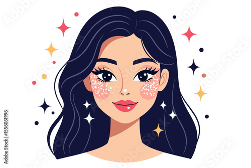 Beautiful Woman with Glitter Makeup and Wavy Black Hair Portrait Illustration on White Background