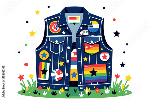 Denim Vest with Patches and Pins Illustration, Colorful and Decorative Design for Fashion and Style