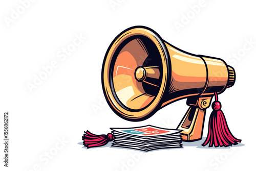 Illustration of a Gold Megaphone with Red Tassels and Stack of Flyers, Communication and Announcement Concept