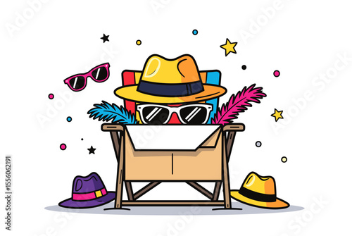 Fun Cartoon Illustration of a Beach Chair with Hats, Sunglasses, and Feathers for Summer Vacation Vibes