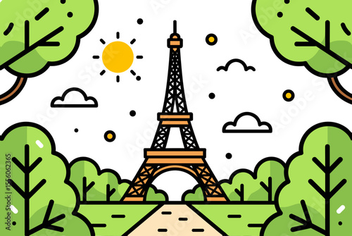 Eiffel Tower in Paris, France, surrounded by trees and a shining sun in a flat vector illustration style