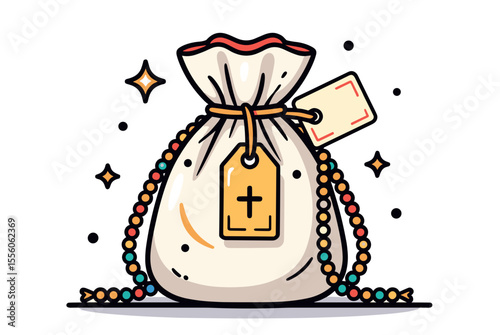 Illustration of a Religious Pouch with Rosary Beads and Cross Tag, Symbolizing Faith and Spirituality