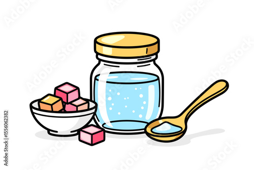 Simple Syrup Preparation Illustration with Sugar Cubes, Water Jar, and Spoonful of Sugar for Culinary Use
