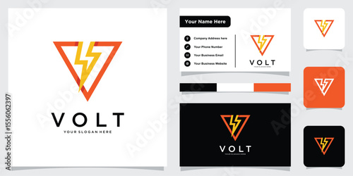 Letter V logo with thunderbolt in negative space with business card design