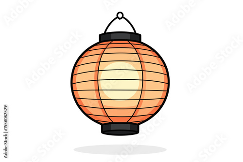 Illustration of a Traditional Japanese Lantern with Orange Paper and Black Accents, Hanging from a Cord