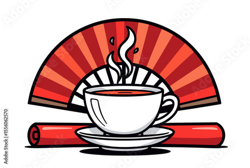 Elegant Illustration of a Steaming Cup of Tea with a Red Fan and Scroll Background