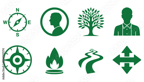 Green tree and leaf icons, symbols of nature, ecology, and environmental design