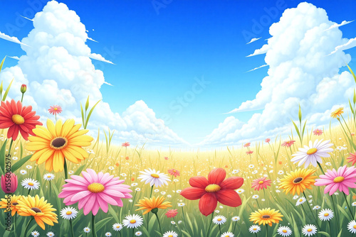 field full of colorful flowers with a blue sky in the background