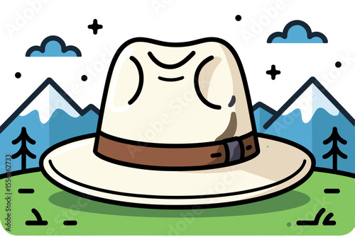 Stylish Fedora Hat in a Mountain Landscape Illustration, Representing Travel and Adventure