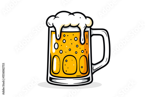 Illustration of a Frothy Beer Mug with Golden Liquid and White Foam on White Background