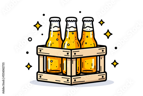 Illustration of Three Beer Bottles in a Wooden Crate with Sparkling Accents, Perfect for Beverage Marketing
