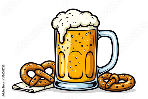 Illustration of a Frothy Beer Mug with Pretzels, Perfect for Oktoberfest Celebrations and German Culture