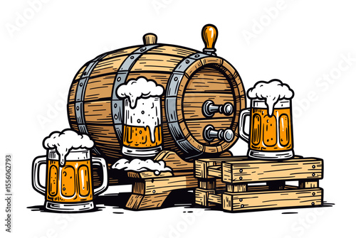 Illustration of a Wooden Beer Barrel with Beer Mugs and Foamy Beer, Perfect for Brewery or Pub Promotion