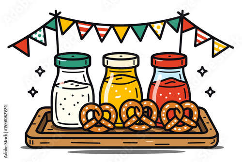 Cartoon Illustration of Three Jars with Different Sauces and Pretzels on a Wooden Tray Under a Festive Garland