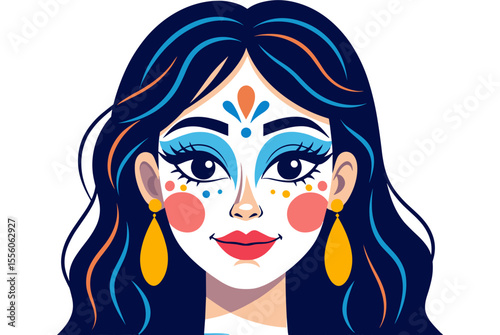 Illustration of a Woman with Day of the Dead Makeup and Earrings, Festive and Culturally Rich