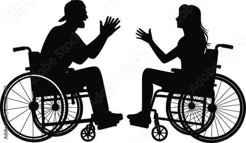 Silhouette of disabled couple in wheelchair, discussing, communication, inclusion, accessibility, support, community, independence, diversity, equality, mobility, interaction, health