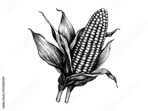 Hand-drawn Thanksgiving corn engraving, vintage rustic harvest icon, seasonal holiday decoration, black sketch style, old engraving motif, fall festive design, classic autumn decor,