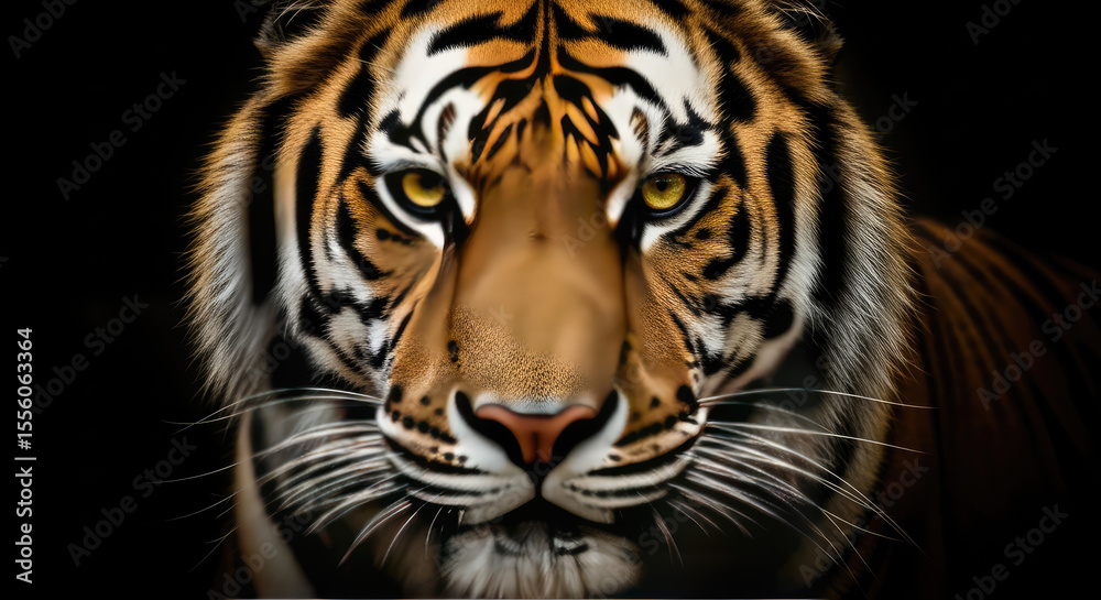Naklejka premium Majestic Tiger Emerges from Darkness Captivating with Intense Gaze