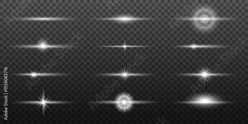 Light effects. Light white star, soft sunny sparkle, dust, line, solar flare, spark and stars, spotlight, curve. Glowing lines. Bright rays of light. Vector illustration on transparent background