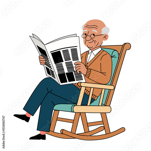 illustration of an elderly man sitting on a rocking chair reading a newspaper. Relaxed senior character in a cozy setting, perfect for retirement or senior life themes
