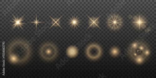 Light effects. Light yellow star, soft sunny sparkle, dust, line, solar flare, spark and stars, spotlight. Bright rays of light. Abstract golden lights. Vector illustration on transparent background