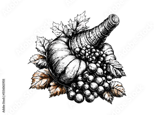 Vintage Thanksgiving cornucopia, hand-drawn retro harvest icon, black engraving style, fall seasonal decor, rustic autumn illustration, trendy Thanksgiving clipart