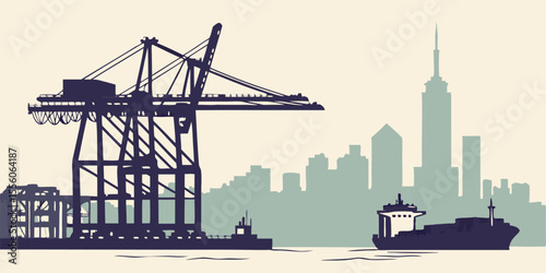 Industrial silhouette of Elizabeth with port cranes, freight terminals, and downtown structures — suited for shipping and New Jersey themes.