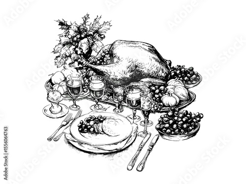 Thanksgiving dining table setup, vintage holiday meal decor, hand-drawn black sketch style, old engraving style illustration, seasonal rustic design, autumn feast centerpiece, cozy decor