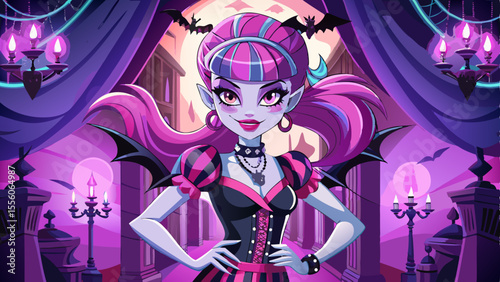 Set in a haunted hallway with flickering candelabras, a Monster High doll with two-tone hair and stitched arms strikes a fierce pose. Her outfit mixes punk, lace, and glitter, glowing subtly under the