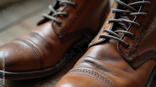 A close-up photograph of a pair of old, worn-out leather boots, highlighting the creases and scuffs