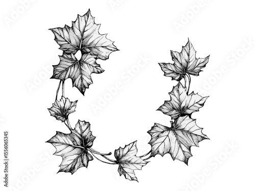 Thanksgiving maple leaf garland, vintage autumn decor, black sketch engraving, seasonal holiday motif, old engraving style, trendy fall illustration, rustic harvest design