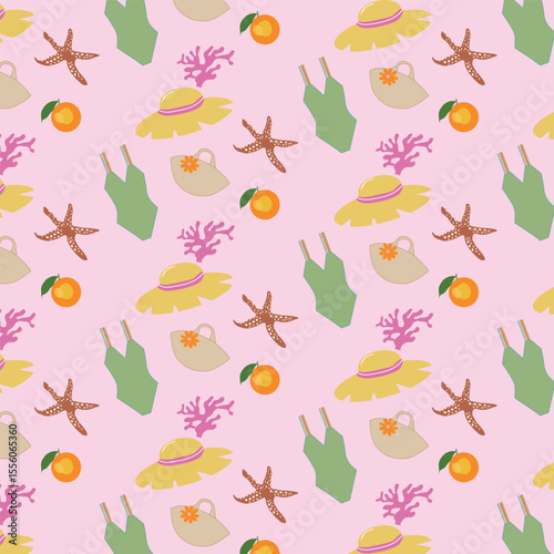 seamless pattern with summer swimsuit,oranges,hat,corals starfish,vacation pattern on pink background