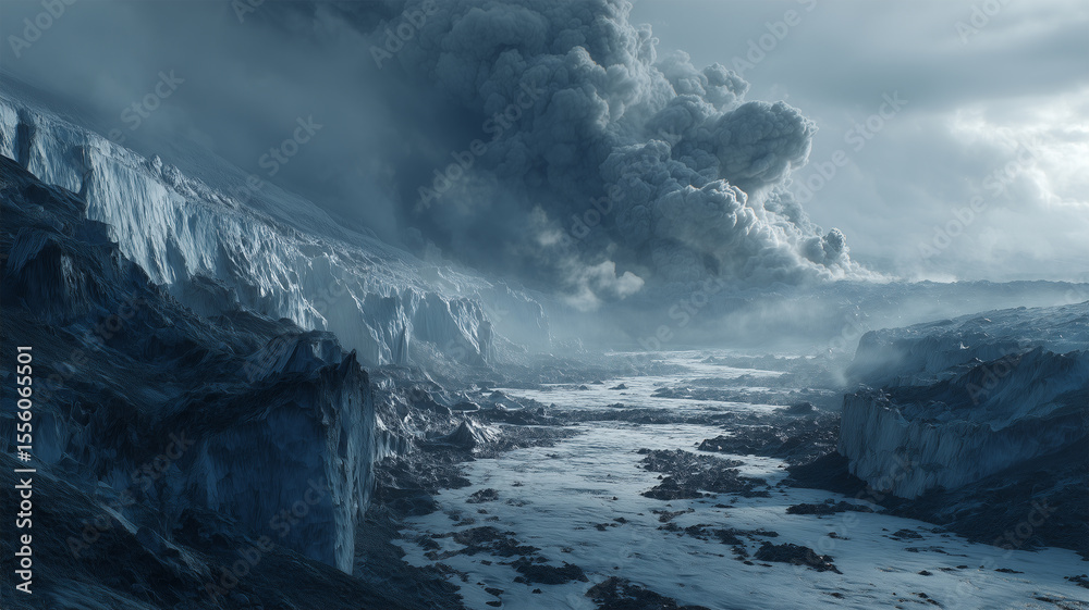 Fototapeta premium 氷雪を破る爆発性溶岩洪水