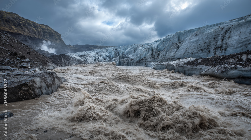 Fototapeta premium 氷雪を破る爆発性溶岩洪水