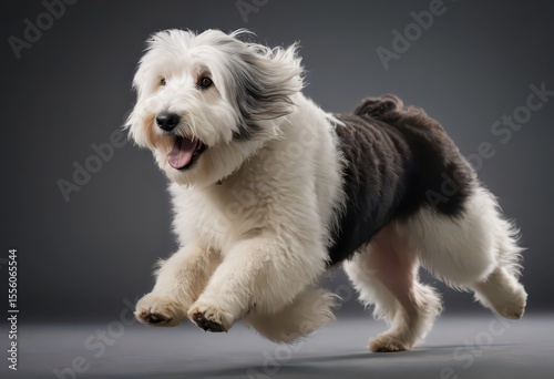 Bobtail old english sheepdog isolated on neutral grey studio background, adorable dog, big doggy 3