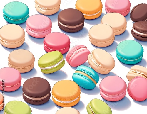 Assortment of colorful macarons, sweet meringue-based confections made with almond flour, egg whites, and sugar.
